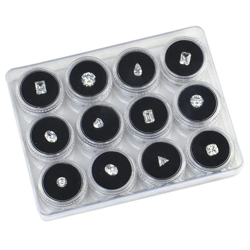 12Pcs Small Loose Diamond Gemstone Display Box Empty Round Jewelry Show Box Clear Top Lids Sponge Filled Box Case Container Holder with Plastic Storage Box, Black