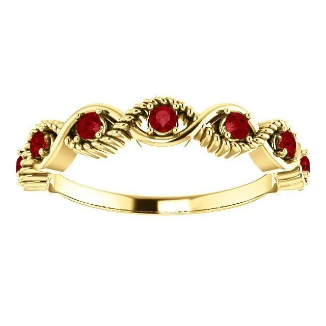 14KT GOLD 0.28 CTW RUBY BEADED STACKABLE 7 STONE TWIST RING