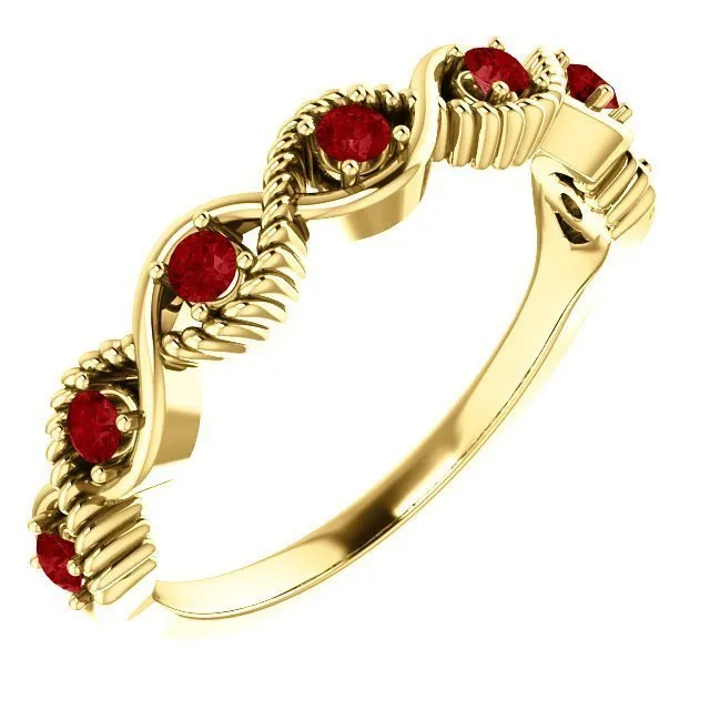 14KT GOLD 0.28 CTW RUBY BEADED STACKABLE 7 STONE TWIST RING
