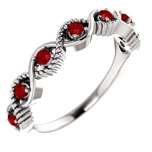 14KT GOLD 0.28 CTW RUBY BEADED STACKABLE 7 STONE TWIST RING