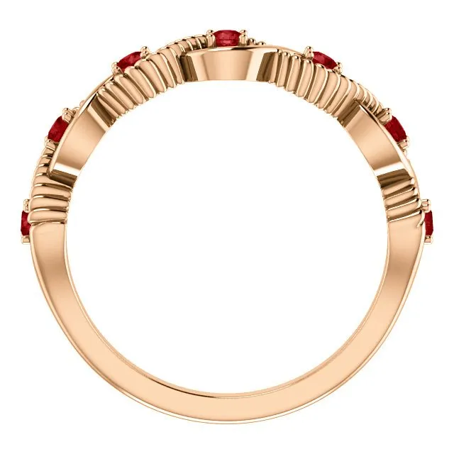 14KT GOLD 0.28 CTW RUBY BEADED STACKABLE 7 STONE TWIST RING