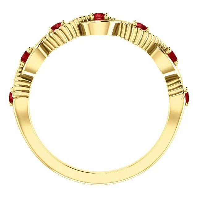 14KT GOLD 0.28 CTW RUBY BEADED STACKABLE 7 STONE TWIST RING