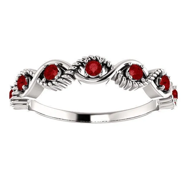 14KT GOLD 0.28 CTW RUBY BEADED STACKABLE 7 STONE TWIST RING