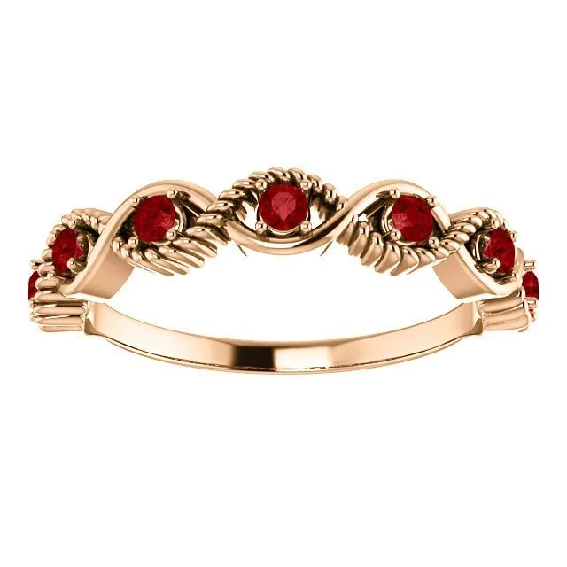 14KT GOLD 0.28 CTW RUBY BEADED STACKABLE 7 STONE TWIST RING