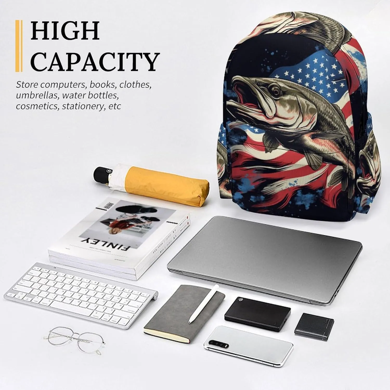 16 Inch Backpack Bass Fish American Flag Backpack School Bookbag Laptop Shoulder Bag Casual Daypack