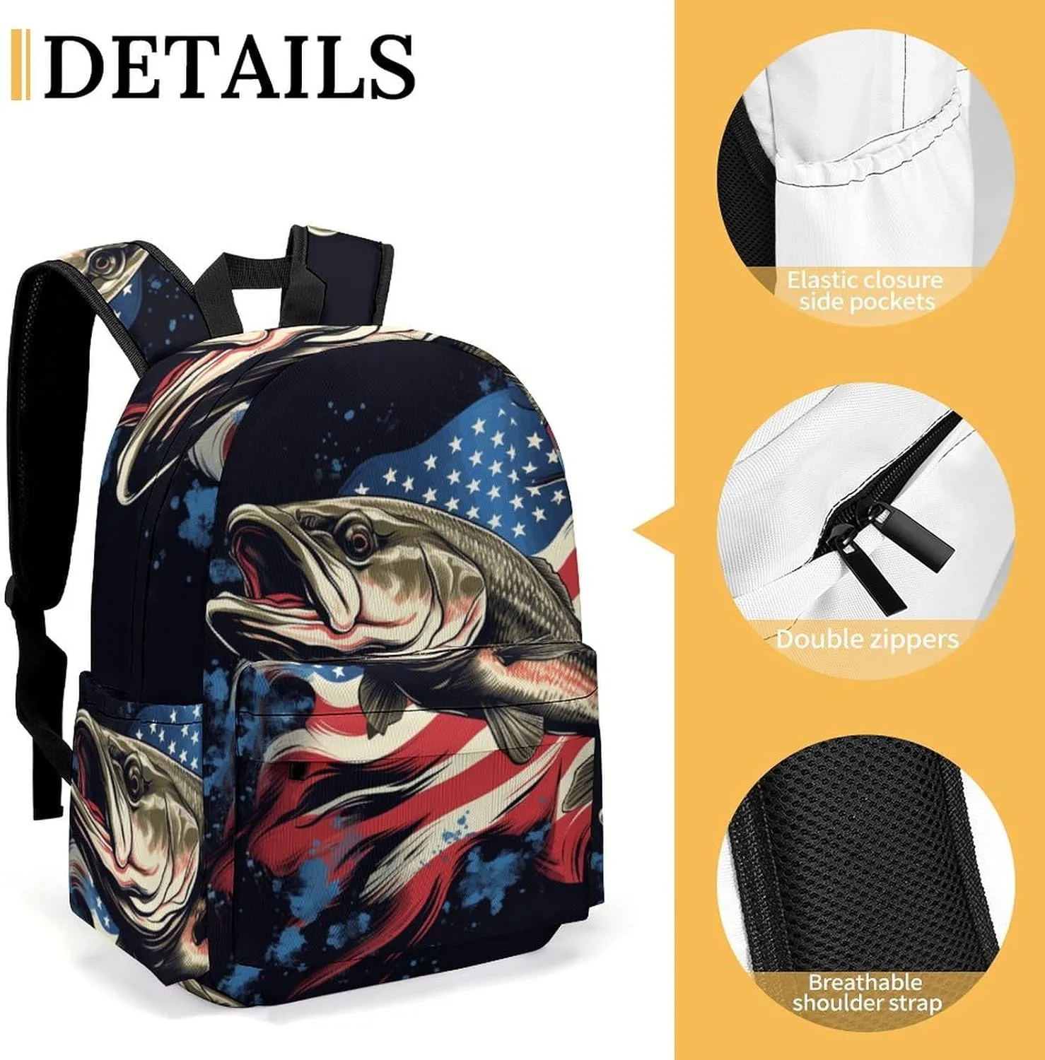 16 Inch Backpack Bass Fish American Flag Backpack School Bookbag Laptop Shoulder Bag Casual Daypack