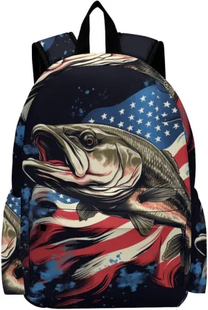 16 Inch Backpack Bass Fish American Flag Backpack School Bookbag Laptop Shoulder Bag Casual Daypack