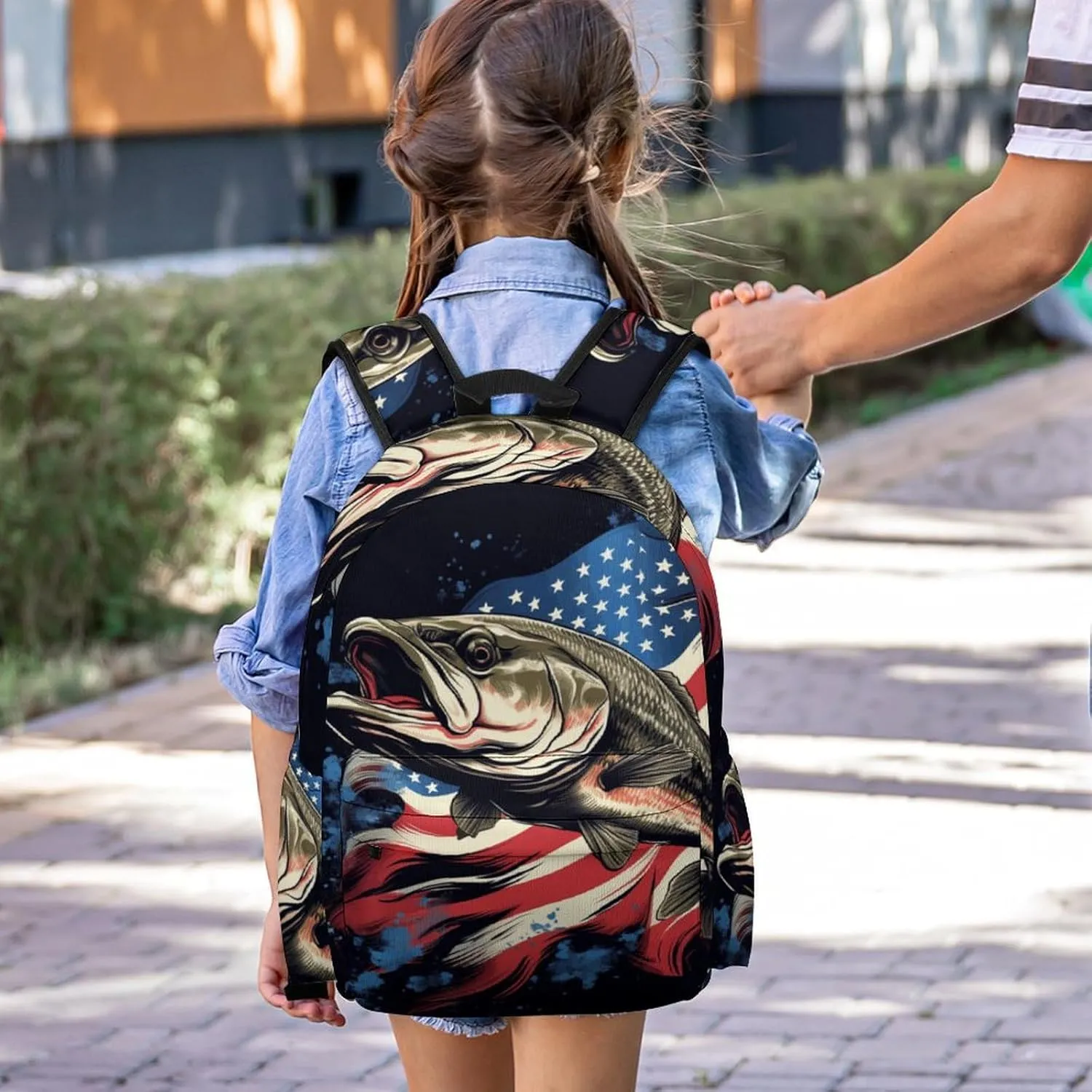 16 Inch Backpack Bass Fish American Flag Backpack School Bookbag Laptop Shoulder Bag Casual Daypack