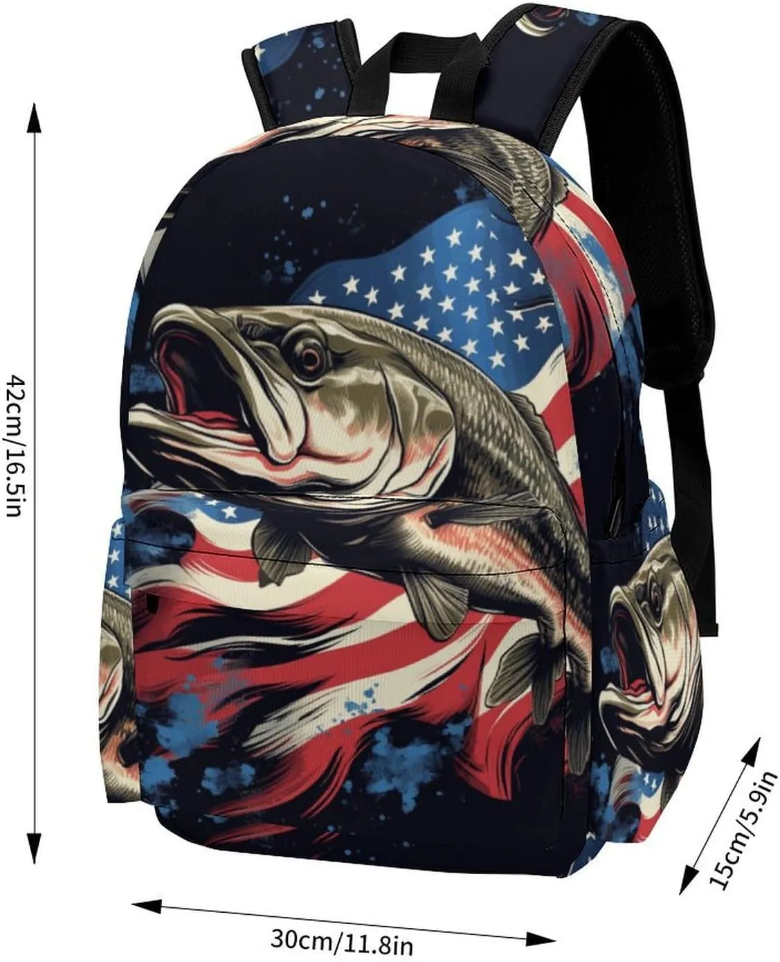 16 Inch Backpack Bass Fish American Flag Backpack School Bookbag Laptop Shoulder Bag Casual Daypack