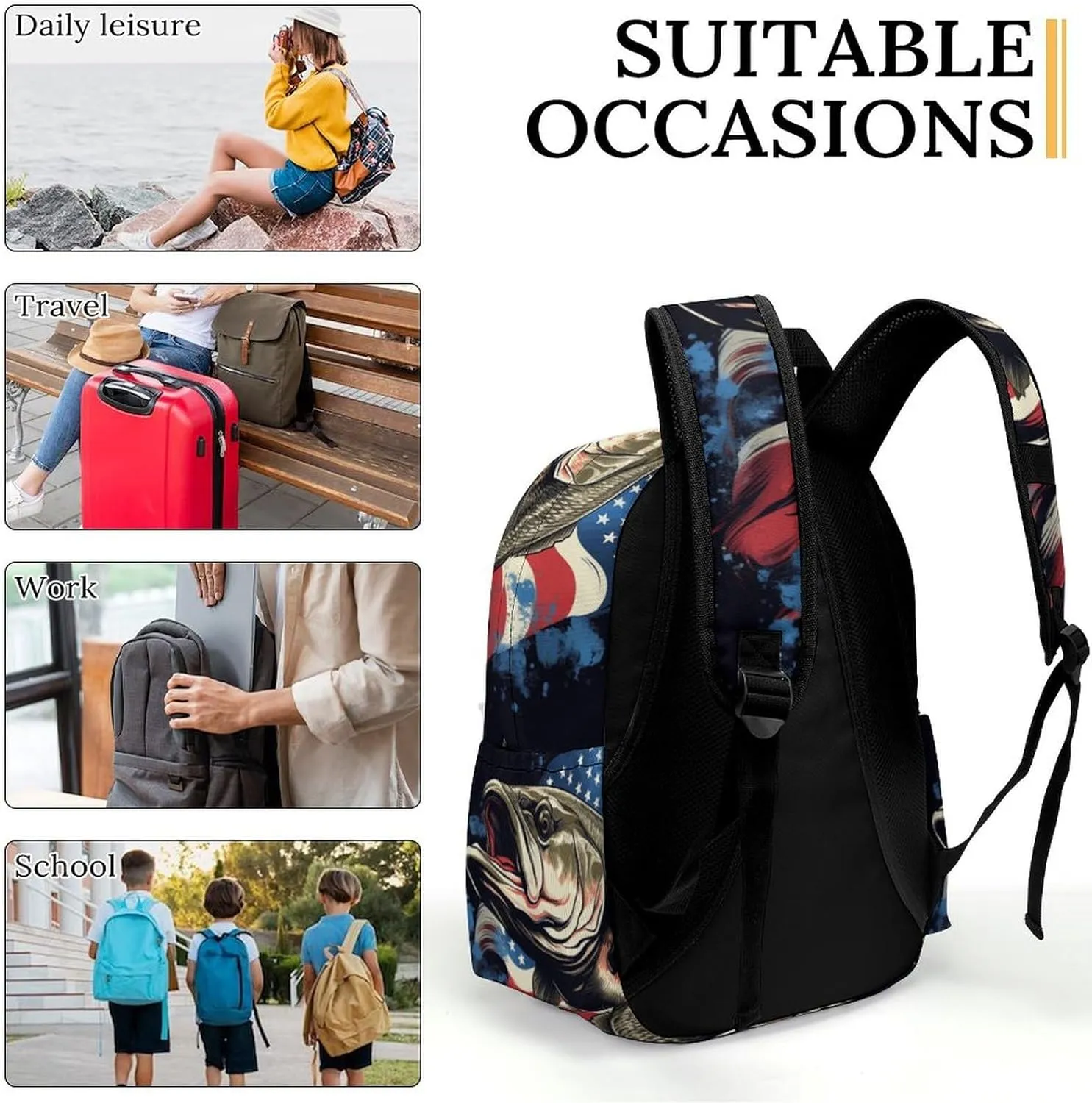 16 Inch Backpack Bass Fish American Flag Backpack School Bookbag Laptop Shoulder Bag Casual Daypack