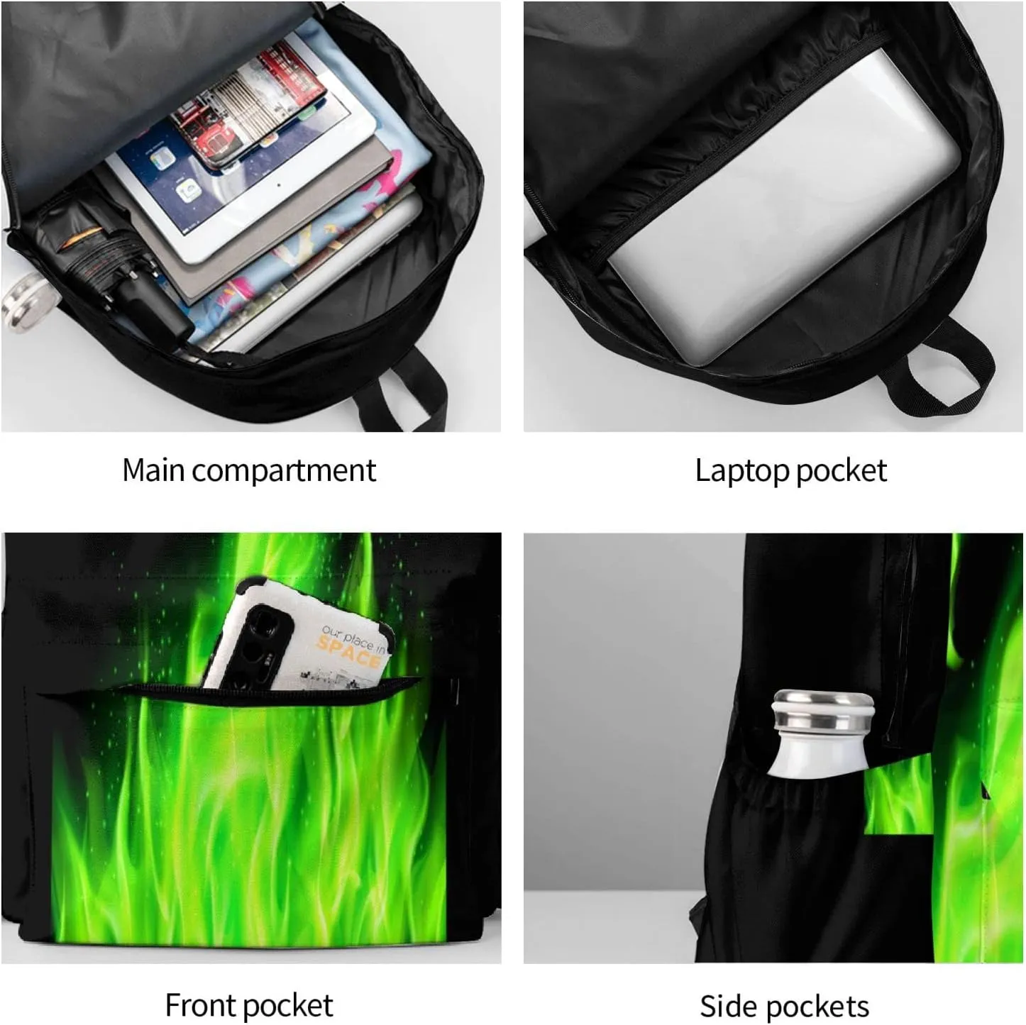 17 inch Backpack Green Fire Burning Dragon Laptop Backpack School Bookbag Shoulder Bag Casual Daypack