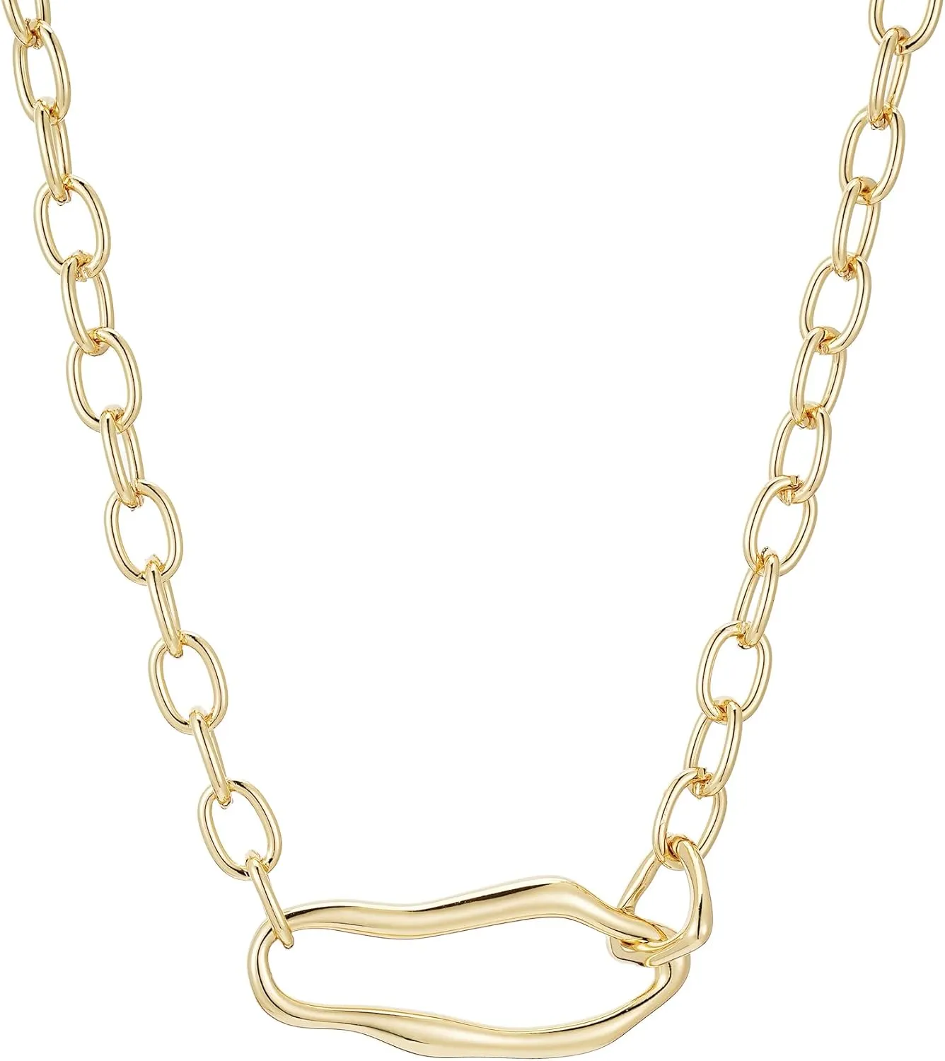 18K Gold Plated Chunky Oval Pendant Necklaces, Simple Gold Link Flat Cable Chain Necklaces Paperclip Choker Statement Jewelry Gifts for Women
