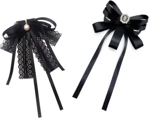 2 Pieces Black Necktie Bowtie Lace and Ribbon Brooch Pins for Women Rhinestone Crystal Bow Brooch(1pc Lace,1pc Ribbon)