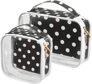 2 Pieces Portable Clear Large Makeup Bag, PVC Waterproof Travel Organizer for Men Women, Black-background-white-circles-print Toiletry Bags with Gold Zippers.