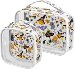 2 Pieces Portable Clear Large Makeup Bag, PVC Waterproof Travel Organizer for Men Women, Halloweens-pattern-ghosts-pumpkin Toiletry Bags with Gold Zippers.