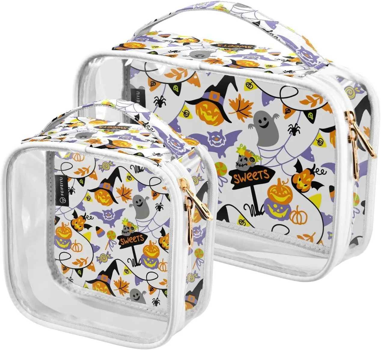 2 Pieces Portable Clear Large Makeup Bag, PVC Waterproof Travel Organizer for Men Women, Halloweens-pattern-ghosts-pumpkin Toiletry Bags with Gold Zippers.