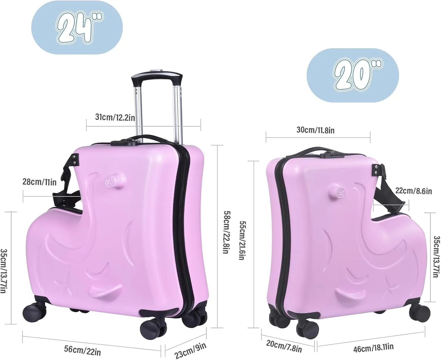 20 Inch Kids Ride Suitcase,Toddler Luggage Seat Ride with Lock - Kids Travel Trolley with Safety Belt, kids luggage for Toddler Airplane Travel,Suitcase to Aged 1-6 Years Old,ABS PC (Pink)