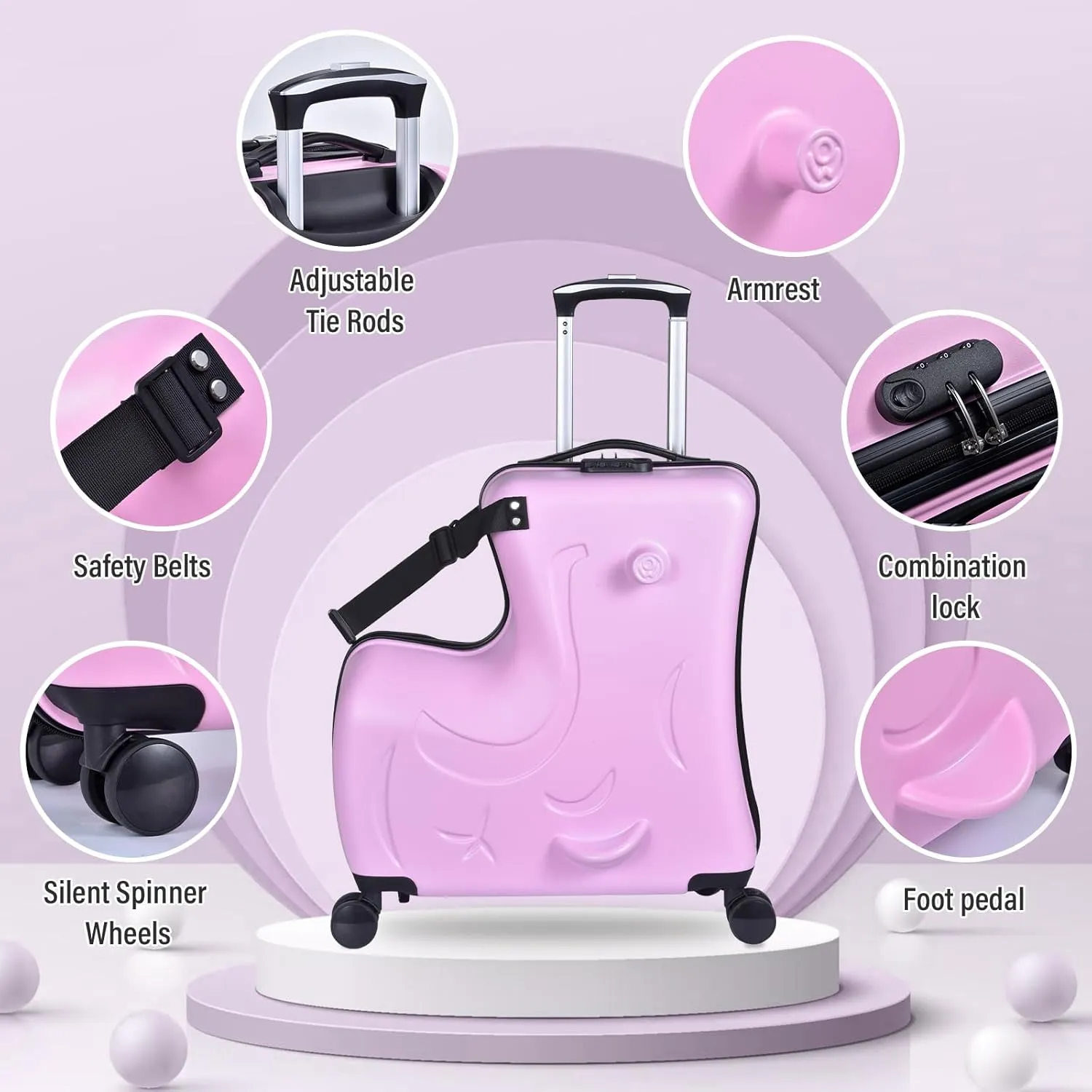 20 Inch Kids Ride Suitcase,Toddler Luggage Seat Ride with Lock - Kids Travel Trolley with Safety Belt, kids luggage for Toddler Airplane Travel,Suitcase to Aged 1-6 Years Old,ABS PC (Pink)