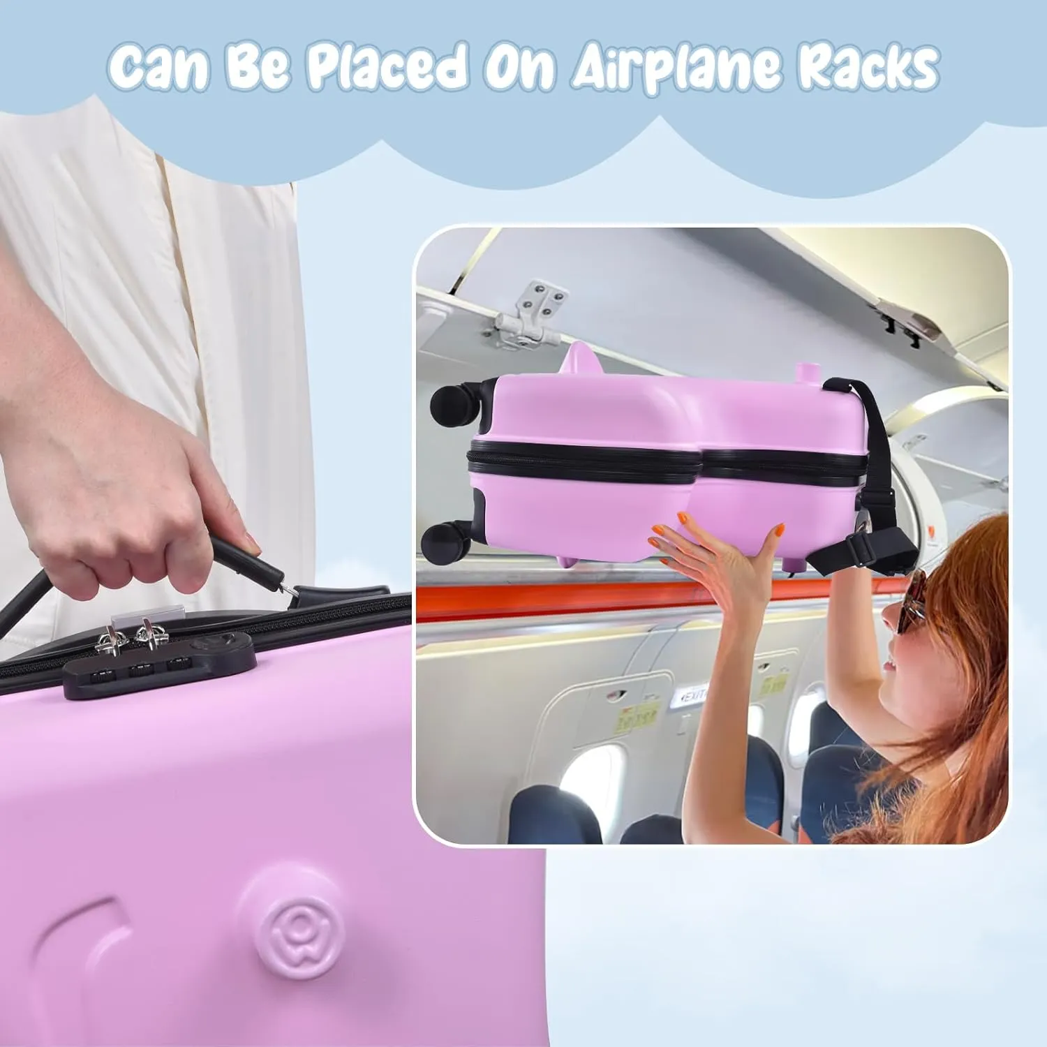 20 Inch Kids Ride Suitcase,Toddler Luggage Seat Ride with Lock - Kids Travel Trolley with Safety Belt, kids luggage for Toddler Airplane Travel,Suitcase to Aged 1-6 Years Old,ABS PC (Pink)