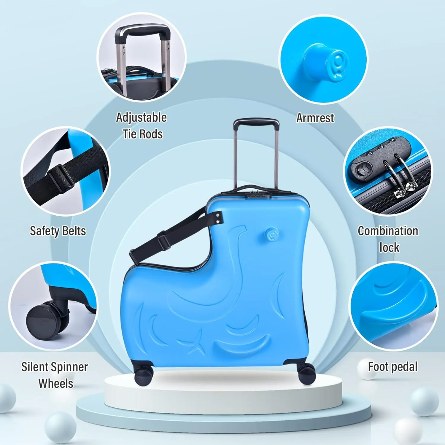 20 Inch Riding Trolley for Kids,Toddler Luggage Seat Ride with Lock | Kids Travel Suitcase with Safety Belt, Wheels for Toddler Airplane Travel, ABS PC (Blue)