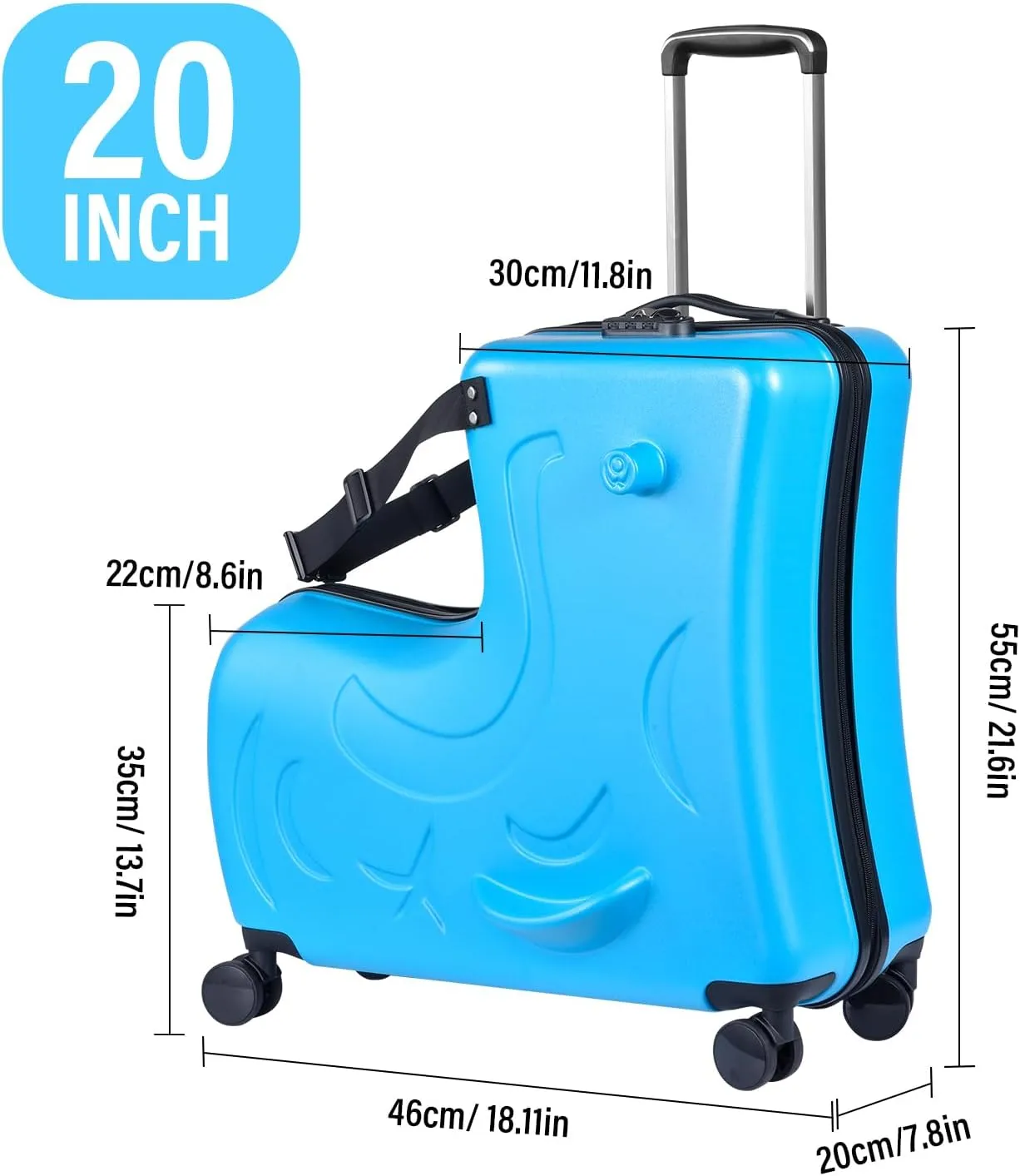 20 Inch Riding Trolley for Kids,Toddler Luggage Seat Ride with Lock | Kids Travel Suitcase with Safety Belt, Wheels for Toddler Airplane Travel, ABS PC (Blue)