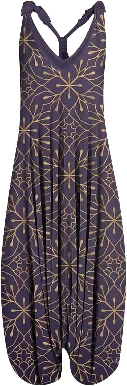 2025 Women Boho Overalls Plus Size Summer Fashion Jumpsuit Loose Fit Rompers Floral Printed Baggy Bohemia Harem Pants
