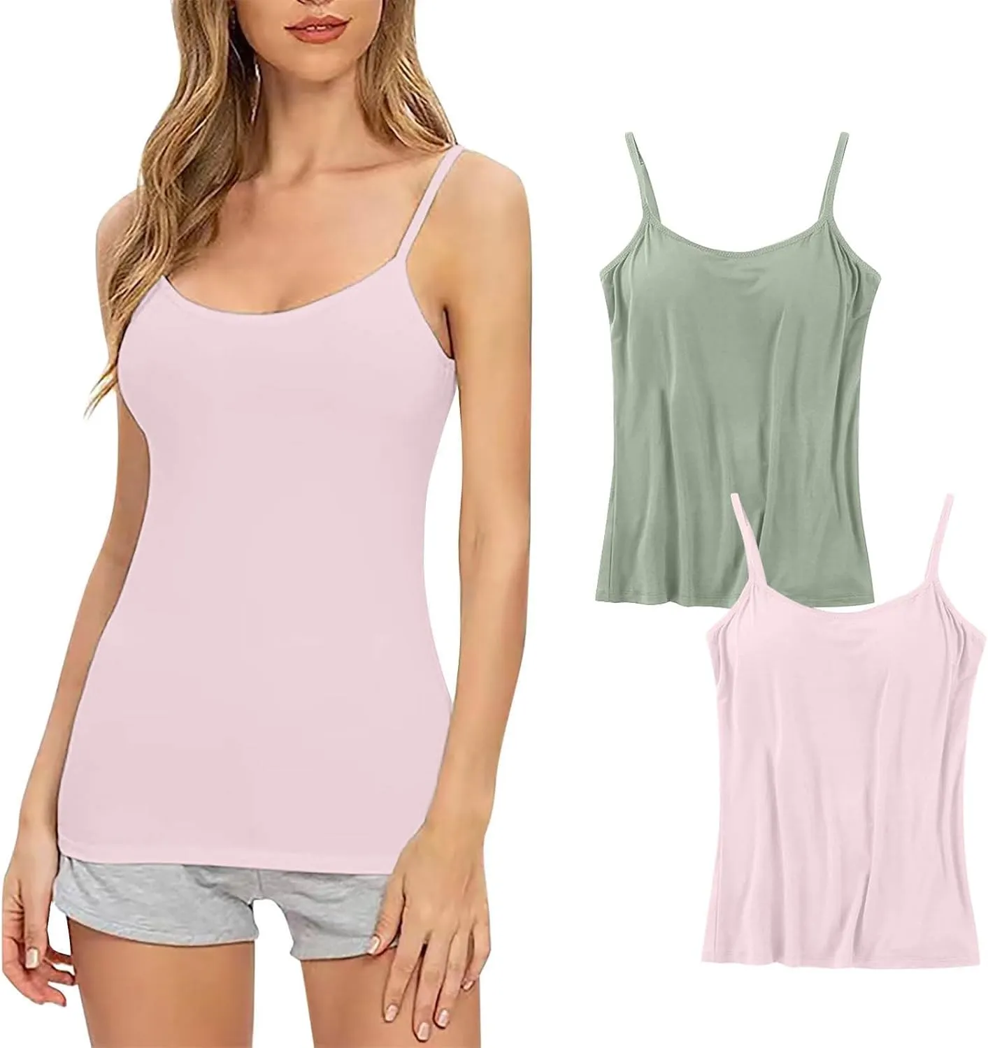 2Pack Tank Tops with Built in Bras for Women's Plus Size Spaghetti Strap Basic Layer Camis Bra Camisoles Underwear