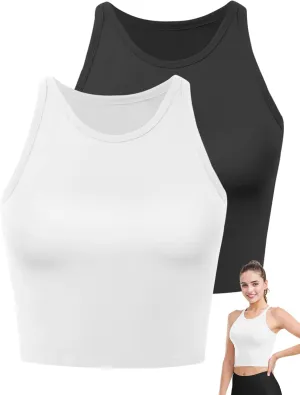2PCS Crop Tops for Women, High Neck Cropped Tank Tops for Women Sleeveless Camisole Athletic Yoga Workout Tops Shirt
