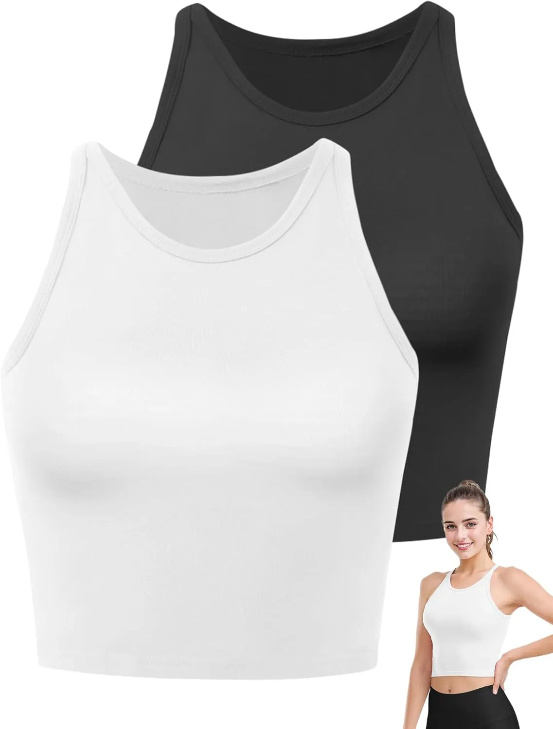 2PCS Crop Tops for Women, High Neck Cropped Tank Tops for Women Sleeveless Camisole Athletic Yoga Workout Tops Shirt