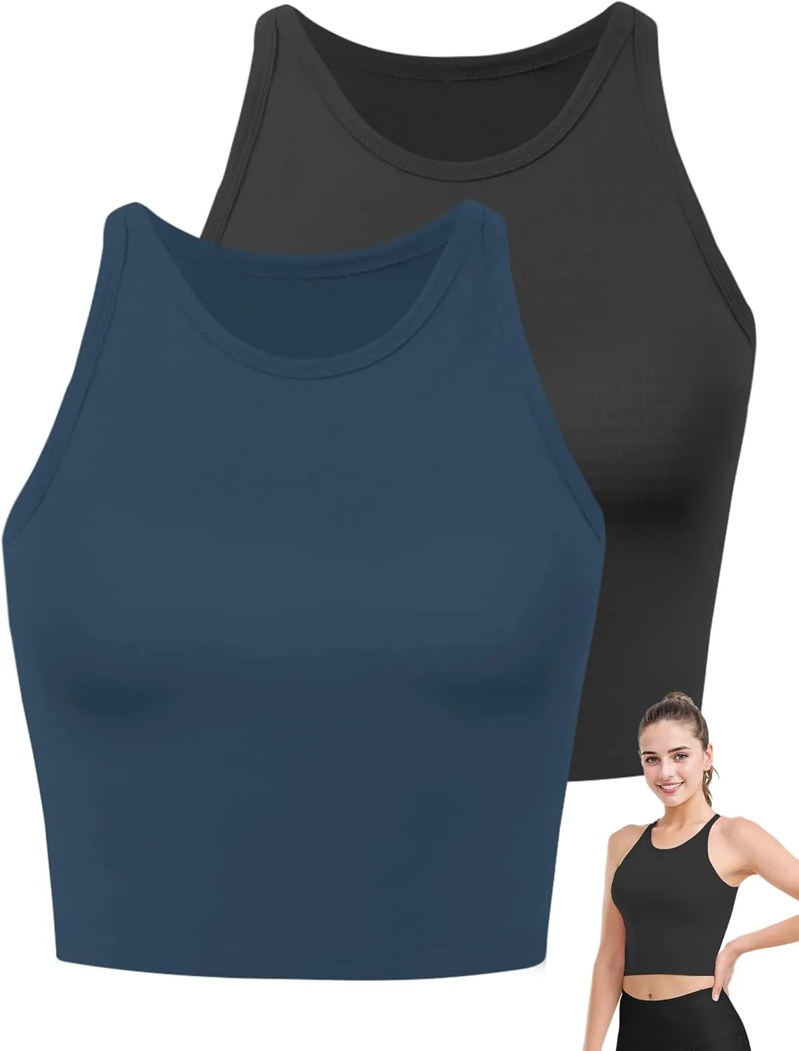 2PCS Crop Tops for Women, High Neck Cropped Tank Tops for Women Sleeveless Camisole Athletic Yoga Workout Tops Shirt