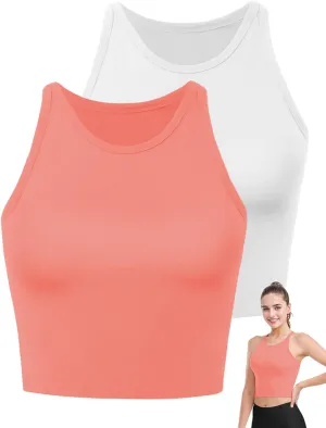 2PCS Crop Tops for Women, High Neck Cropped Tank Tops for Women Sleeveless Camisole Athletic Yoga Workout Tops Shirt