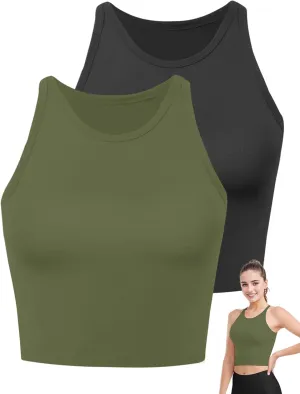 2PCS Crop Tops for Women, High Neck Cropped Tank Tops for Women Sleeveless Camisole Athletic Yoga Workout Tops Shirt