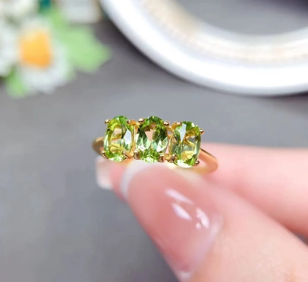 3 Oval Peridot Stones Gold Plated 925 Silver Ring