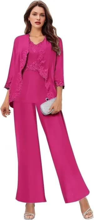 3 Pcs Mother of The Bride Pantsuits for Wedding Chiffon Formal Pant Suits Lace Evening Jumpsuits with Jackets