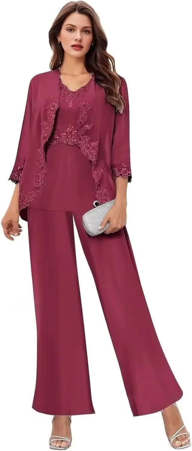 3 Pcs Mother of The Bride Pantsuits for Wedding Chiffon Formal Pant Suits Lace Evening Jumpsuits with Jackets