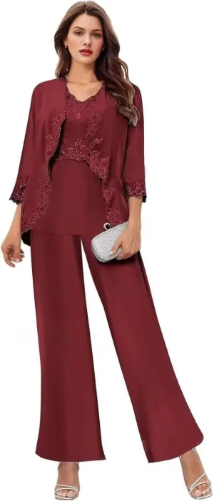 3 Pcs Mother of The Bride Pantsuits for Wedding Chiffon Formal Pant Suits Lace Evening Jumpsuits with Jackets