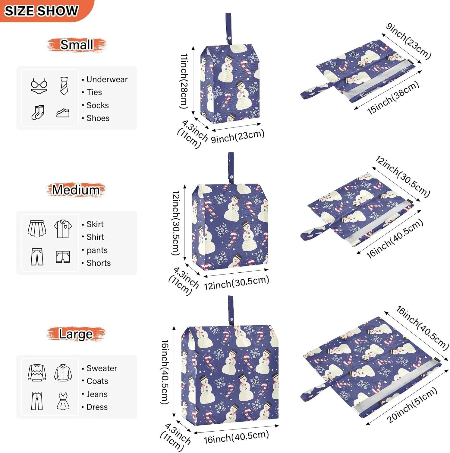 3 Set Packing Cubes Travel Luggage Packing Organizers with Handle and Transparent PVC Waterproof Packing Cubes for Suitcases Accessories in 3 Sizes Blue Christmas Snowman