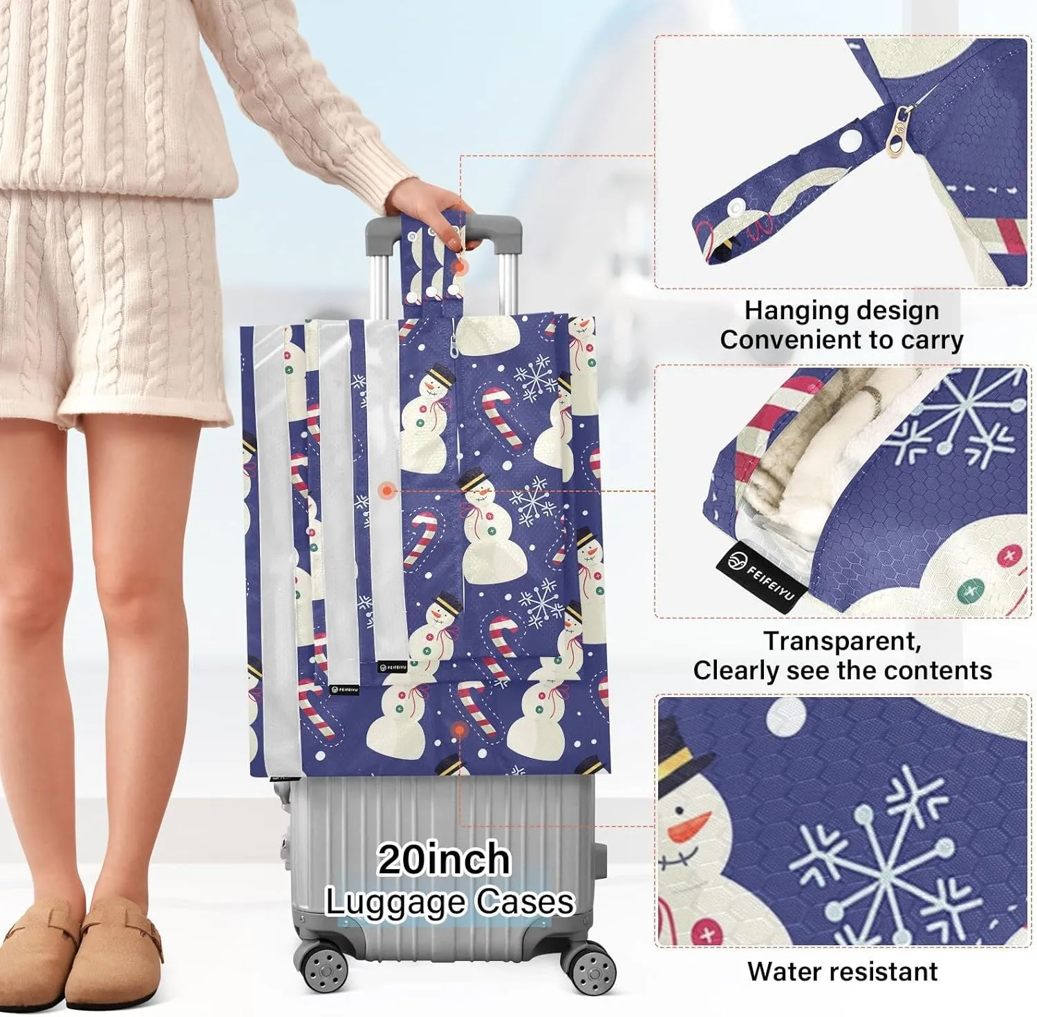 3 Set Packing Cubes Travel Luggage Packing Organizers with Handle and Transparent PVC Waterproof Packing Cubes for Suitcases Accessories in 3 Sizes Blue Christmas Snowman
