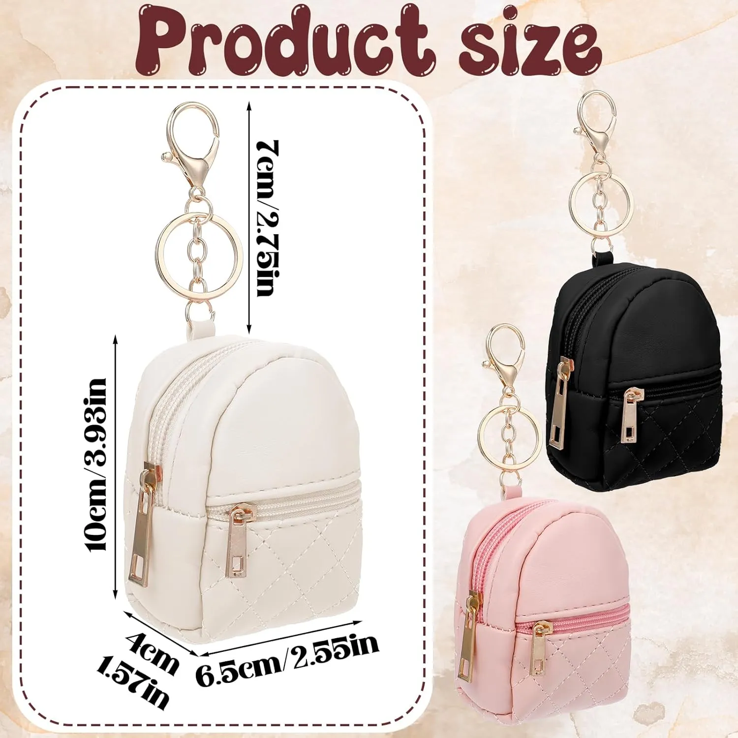 3pcs Mini Backpack Keychain for Women,Cute Small Cosmetic Bag,Pu Leather Mini Makeup Bag,Portable Travel Lipstick Bag Card Holder Data Cable Organizer Zipper Pouch for Women(beige, pink, black)