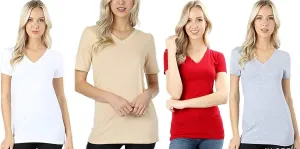 4 Pack Zenana Women's Basic V-Neck T-Shirts