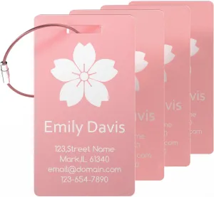 4 Personalized Metal Luggage Tags for Suitcase, Laser Engraved with Text and Logo, Custom Aluminum Name Tags with Stainless Steel Ring, for Travel, Golf Bag, and Baggage (Pink)
