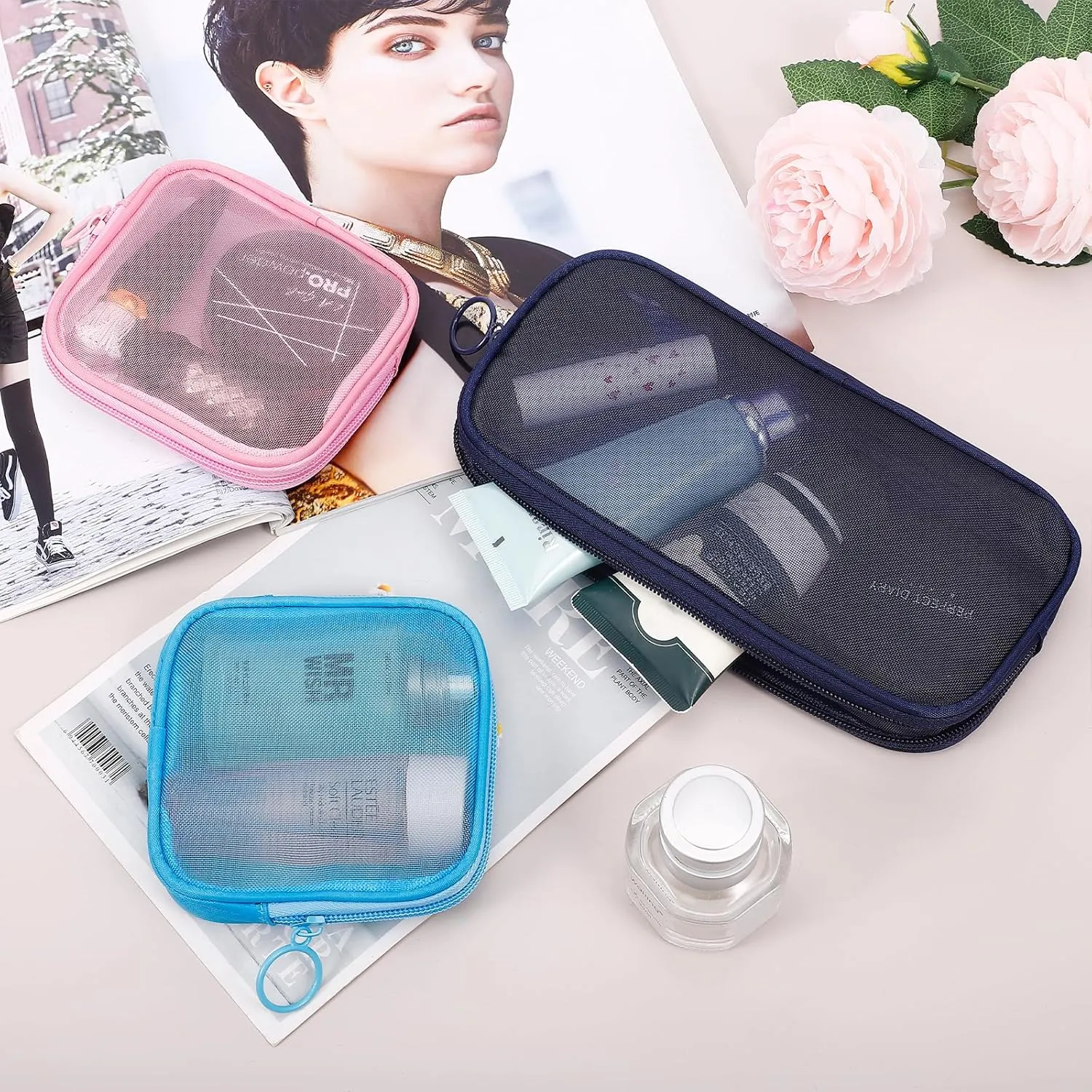 4 Pieces Mini Zipper Nylon Mesh Pouch, Mesh Cosmetic Bags Makeup Bags, Multipurpose Travel Toiletry Bags for Office Supplies and Travel Accessories (Black, M)