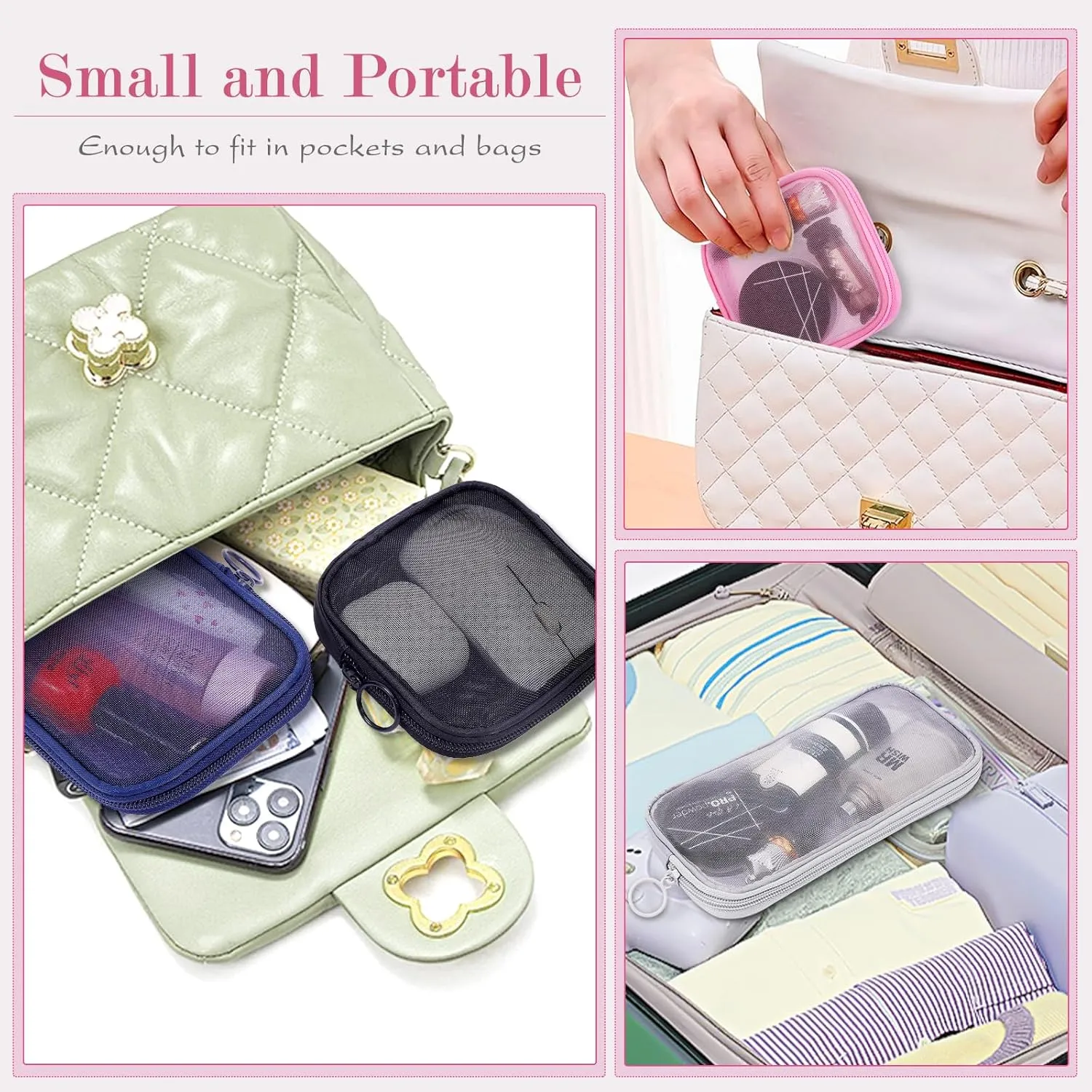 4 Pieces Mini Zipper Nylon Mesh Pouch, Mesh Cosmetic Bags Makeup Bags, Multipurpose Travel Toiletry Bags for Office Supplies and Travel Accessories (Black, M)