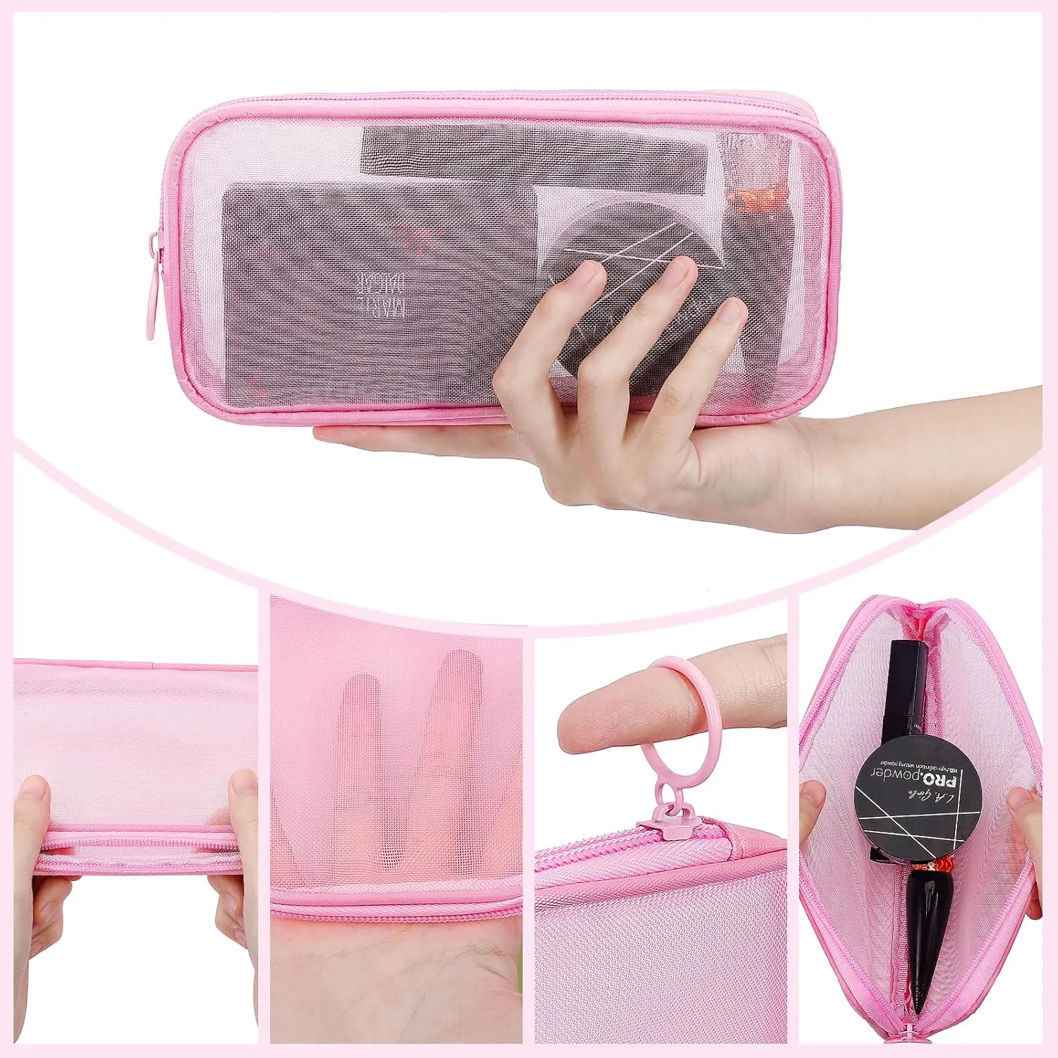 4 Pieces Mini Zipper Nylon Mesh Pouch, Mesh Cosmetic Bags Makeup Bags, Multipurpose Travel Toiletry Bags for Office Supplies and Travel Accessories (Black, M)