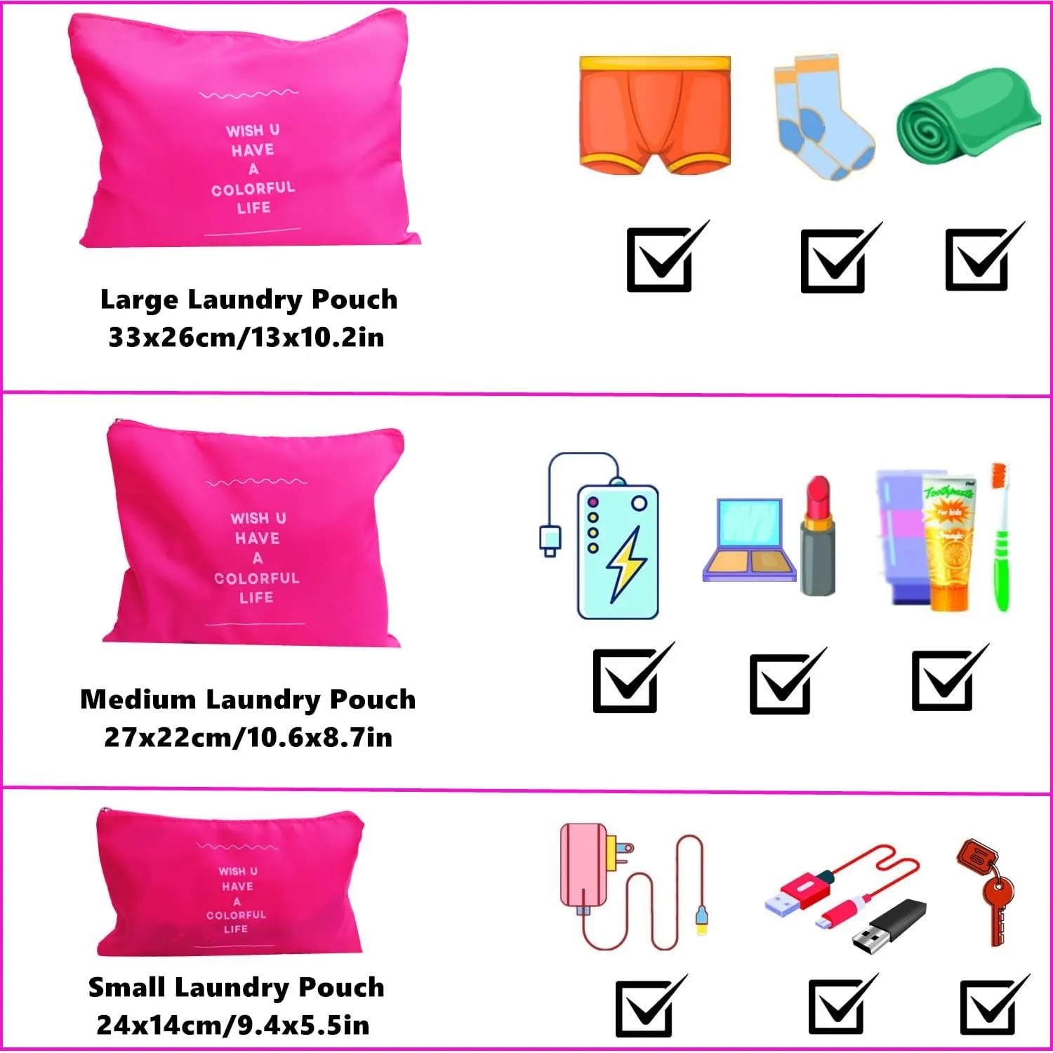 6 Set Packing Cubes Laundry Pouch, Travel Storage Bag Organizer Pouch, Luggage Packing Organizer Bags, Compression Bags for Backpack Suitcases (Hot Pink)