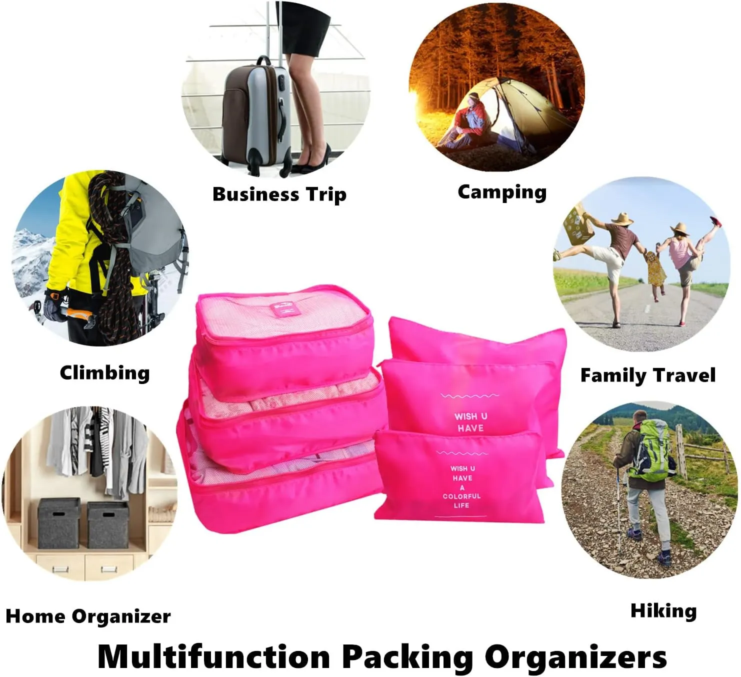 6 Set Packing Cubes Laundry Pouch, Travel Storage Bag Organizer Pouch, Luggage Packing Organizer Bags, Compression Bags for Backpack Suitcases (Hot Pink)