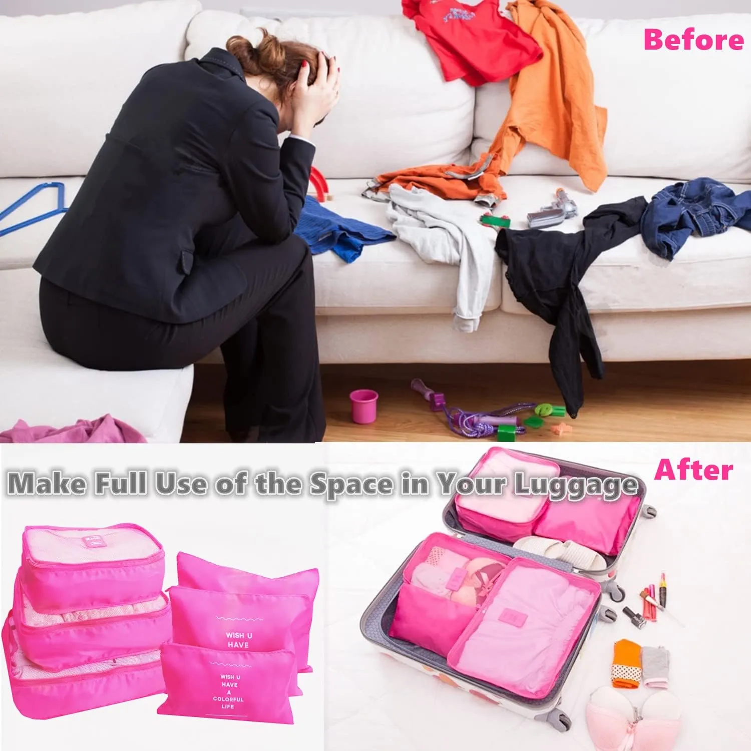 6 Set Packing Cubes Laundry Pouch, Travel Storage Bag Organizer Pouch, Luggage Packing Organizer Bags, Compression Bags for Backpack Suitcases (Hot Pink)