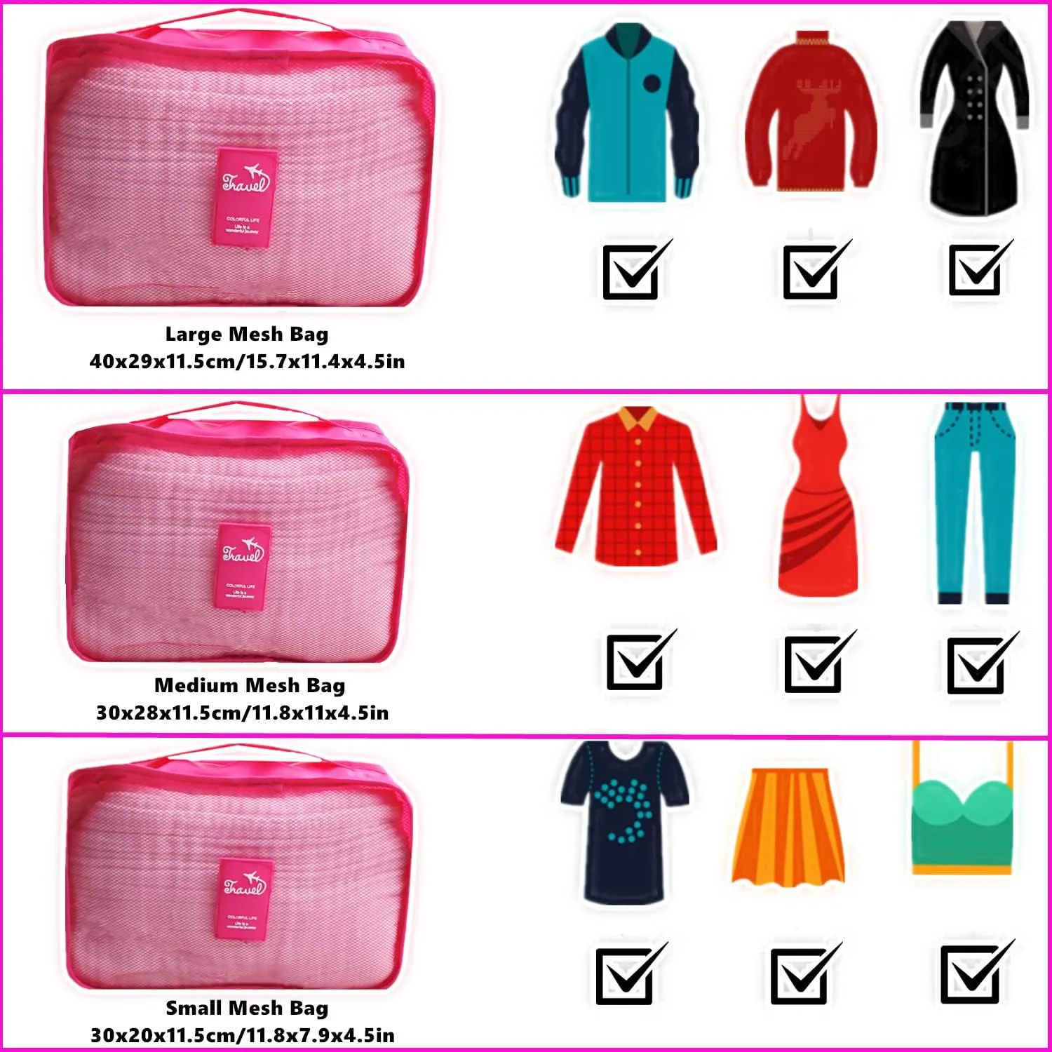 6 Set Packing Cubes Laundry Pouch, Travel Storage Bag Organizer Pouch, Luggage Packing Organizer Bags, Compression Bags for Backpack Suitcases (Hot Pink)