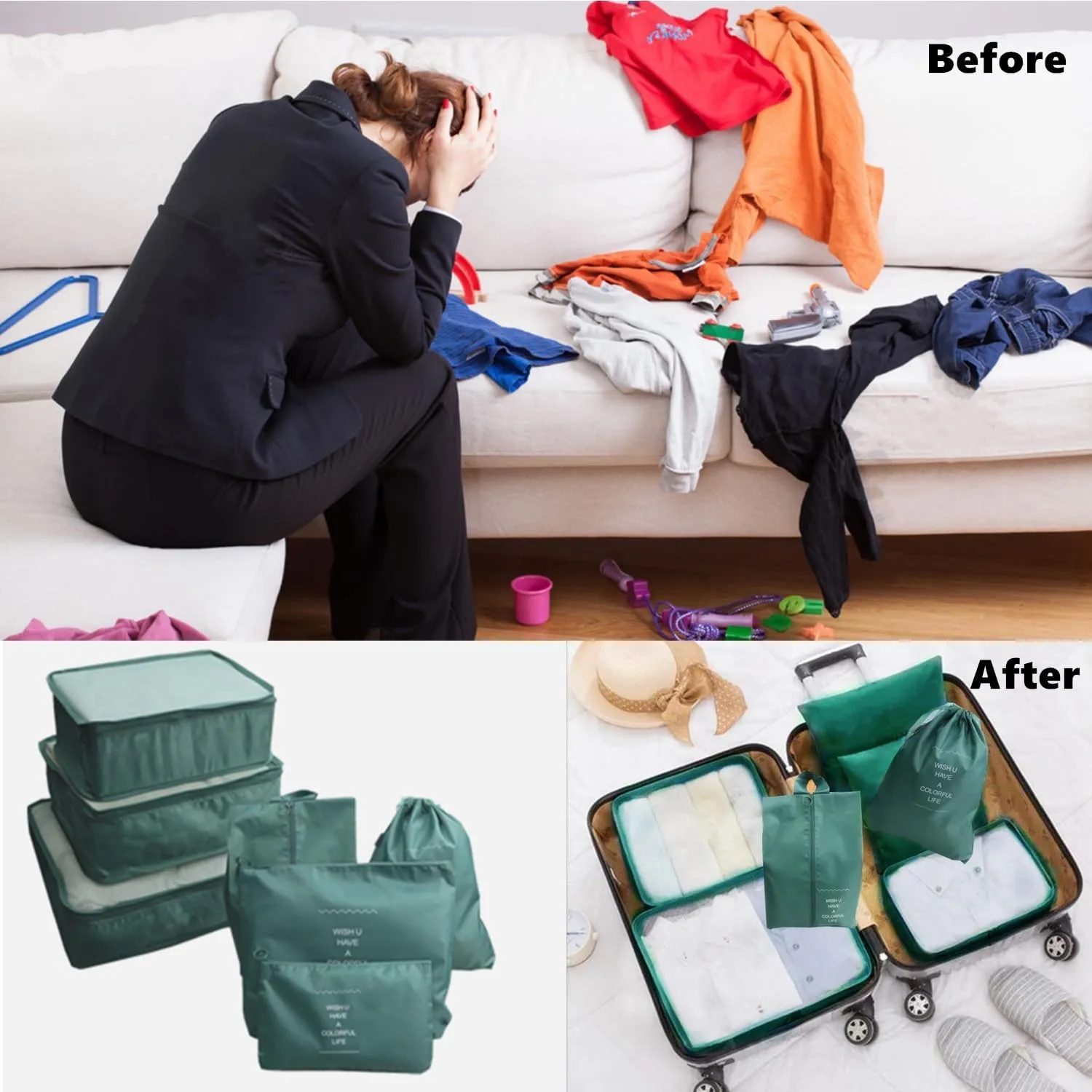 7 Pack Compression Packing Cubes for Suitcases, Travel Luggage Packing Organizers Bags, Carry On Luggage Organizer Set, Organizer Storage Bags, Travel Cubes for Clothes (Blackish Green)