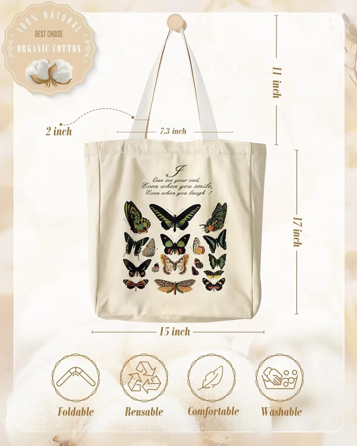 Aesthetic Heavy Canvas Tote Bag - with Pocket for Women Large Size 14''16''3.5'' Cloth Cotton Bags for Shopping